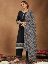 Women's Black Rayon Ajrakh Printed Straight Kurta Set