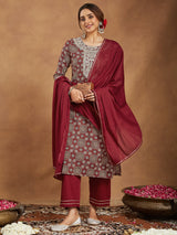 Women's Maroon Pure Cotton Ethnic Motifs Printed Straight Kurta Set