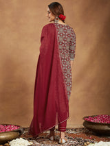 Women's Maroon Pure Cotton Ethnic Motifs Printed Straight Kurta Set