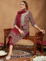 Women's Maroon Pure Cotton Ethnic Motifs Printed Straight Kurta Set