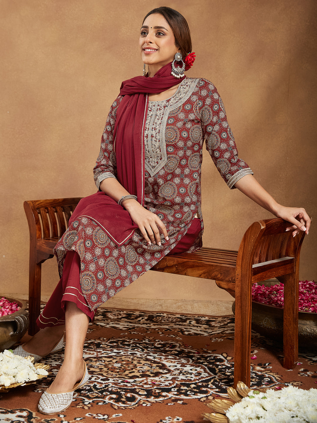 Women's Maroon Pure Cotton Ethnic Motifs Printed Straight Kurta Set