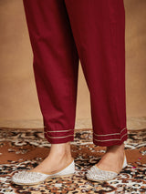 Women's Maroon Pure Cotton Ethnic Motifs Printed Straight Kurta Set