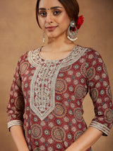 Women's Maroon Pure Cotton Ethnic Motifs Printed Straight Kurta Set