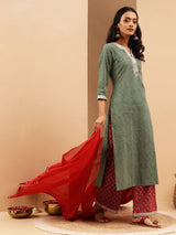 Women's Green & Maroon Pure Cotton Printed Straight Kurta Set