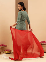 Women's Green & Maroon Pure Cotton Printed Straight Kurta Set