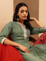 Women's Green & Maroon Pure Cotton Printed Straight Kurta Set