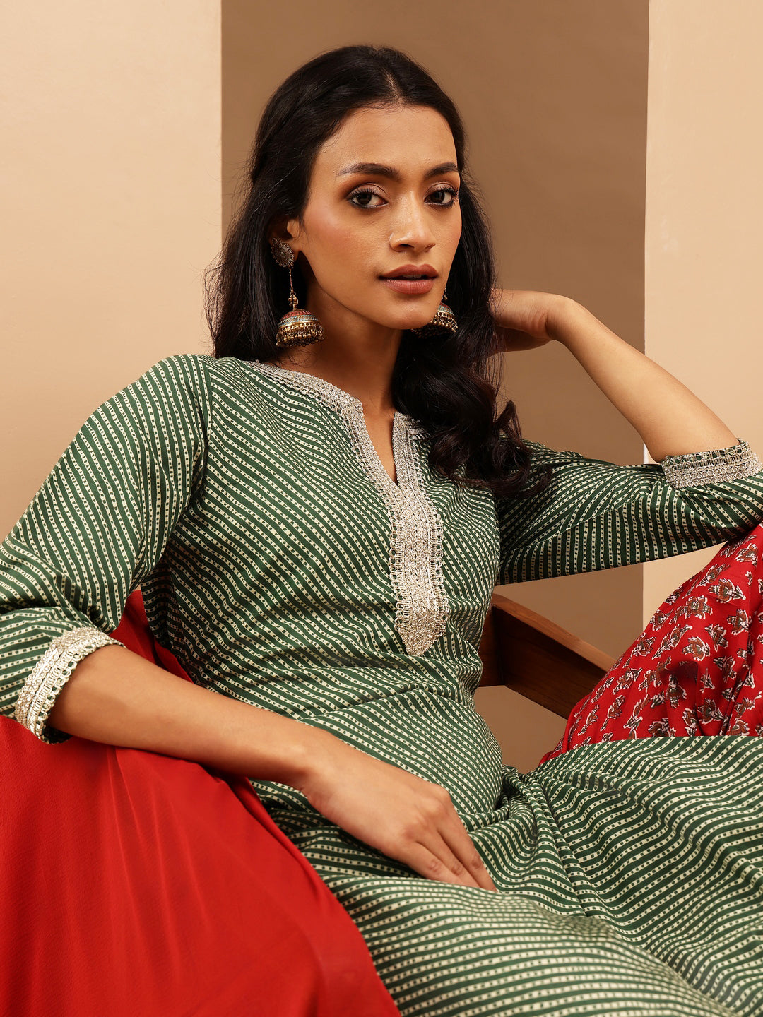 Women's Green & Maroon Pure Cotton Printed Straight Kurta Set