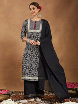 Women's Black Pure Cotton Ajrakh Printed Straight Kurta Set