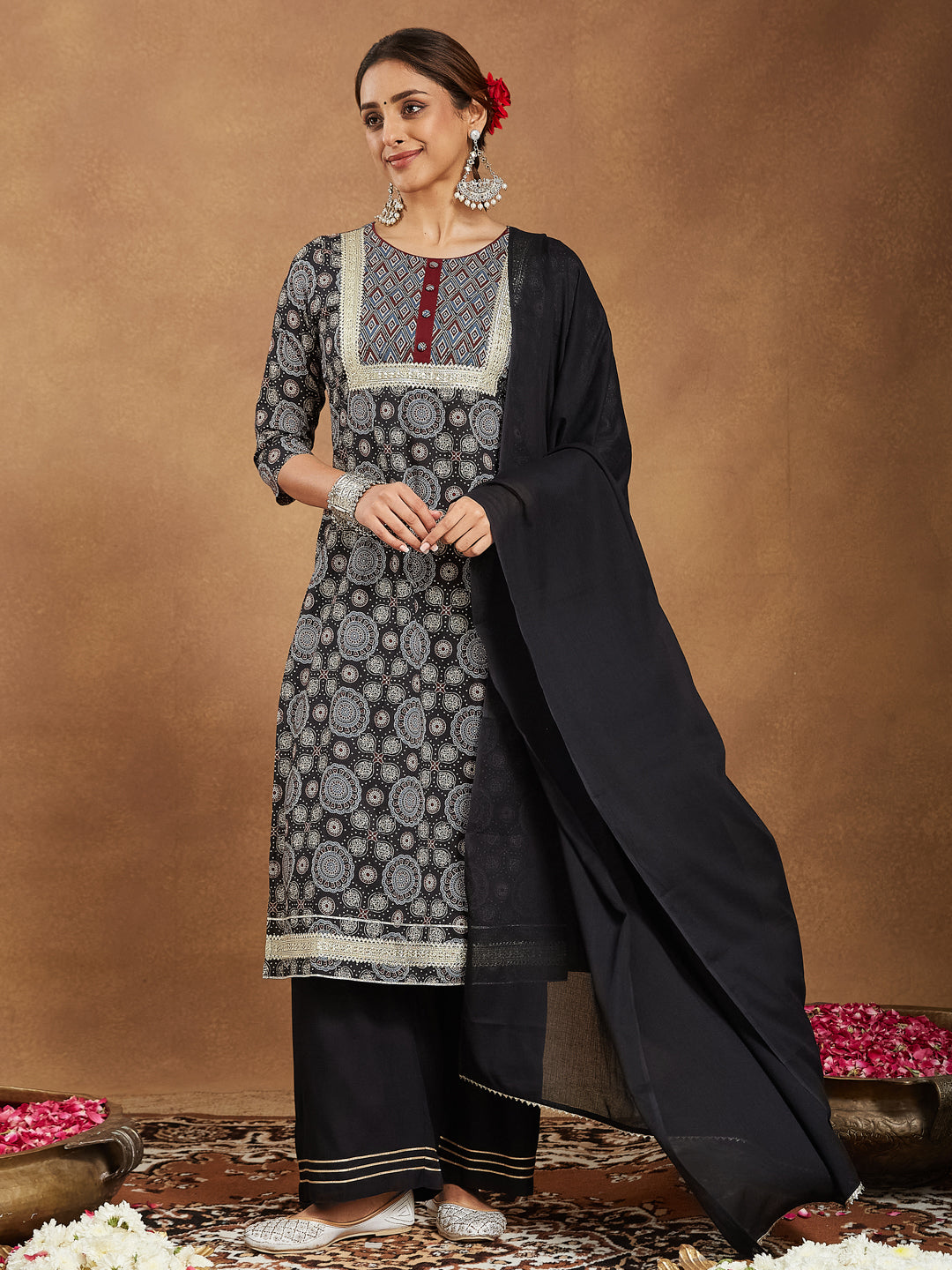 Women's Black Pure Cotton Ajrakh Printed Straight Kurta Set