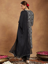 Women's Black Pure Cotton Ajrakh Printed Straight Kurta Set