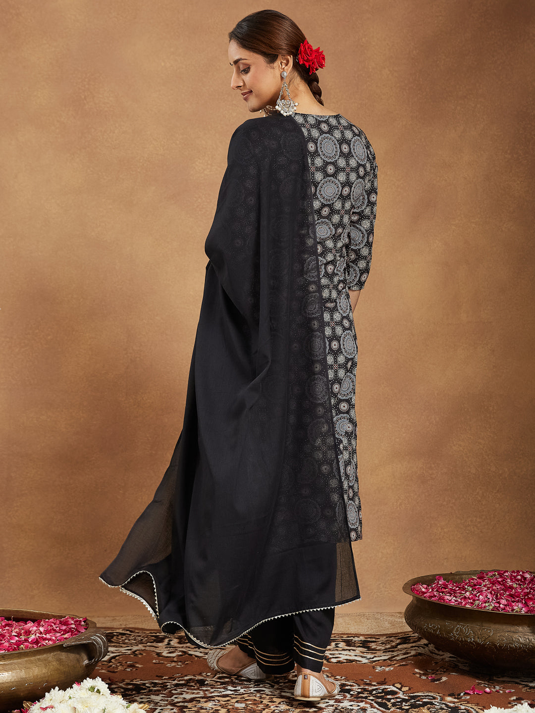 Women's Black Pure Cotton Ajrakh Printed Straight Kurta Set
