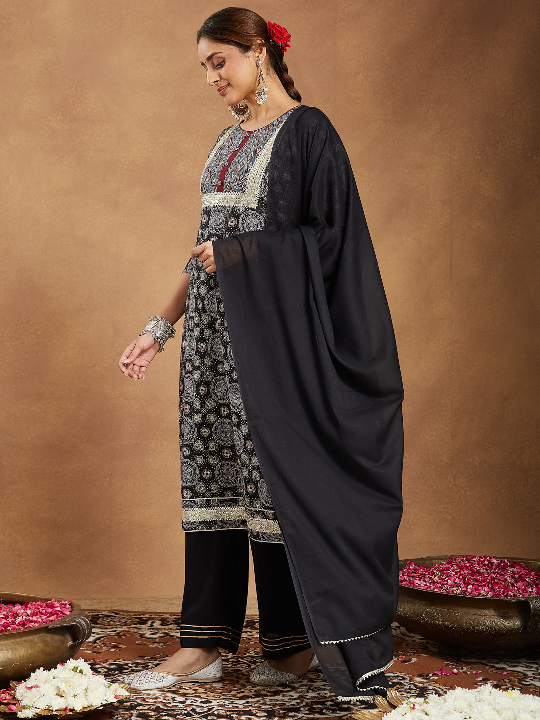 Women's Black Pure Cotton Ajrakh Printed Straight Kurta Set