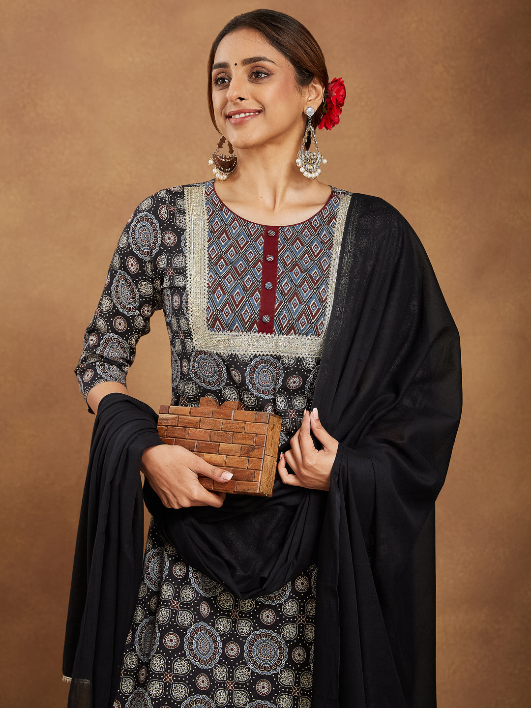 Women's Black Pure Cotton Ajrakh Printed Straight Kurta Set