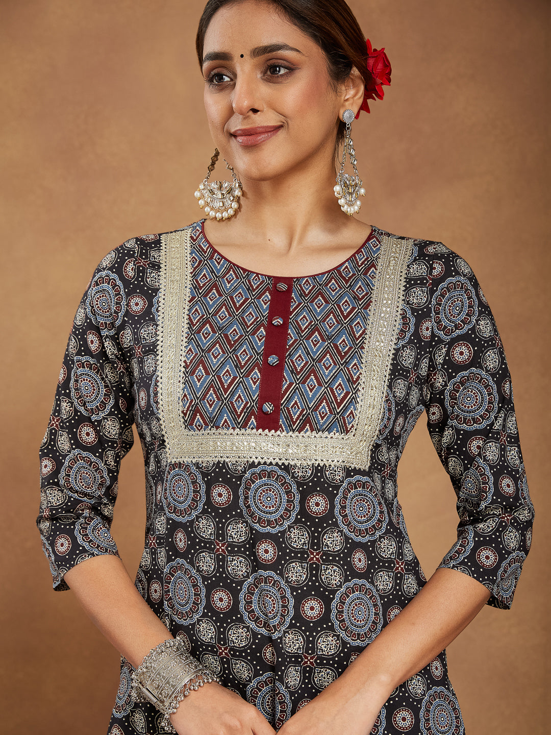 Women's Black Pure Cotton Ajrakh Printed Straight Kurta Set