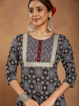 Women's Black Pure Cotton Ajrakh Printed Straight Kurta Set
