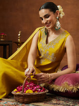 Women's Mustard Chanderi Silk Zari Embroidered Straight Kurta Pant Set