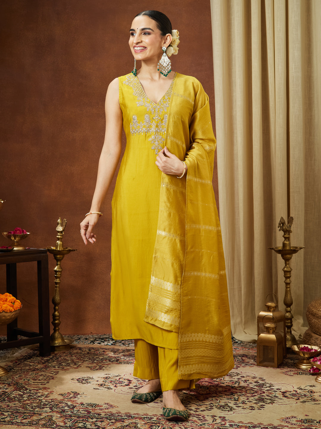 Women's Mustard Chanderi Silk Zari Embroidered Straight Kurta Pant Set