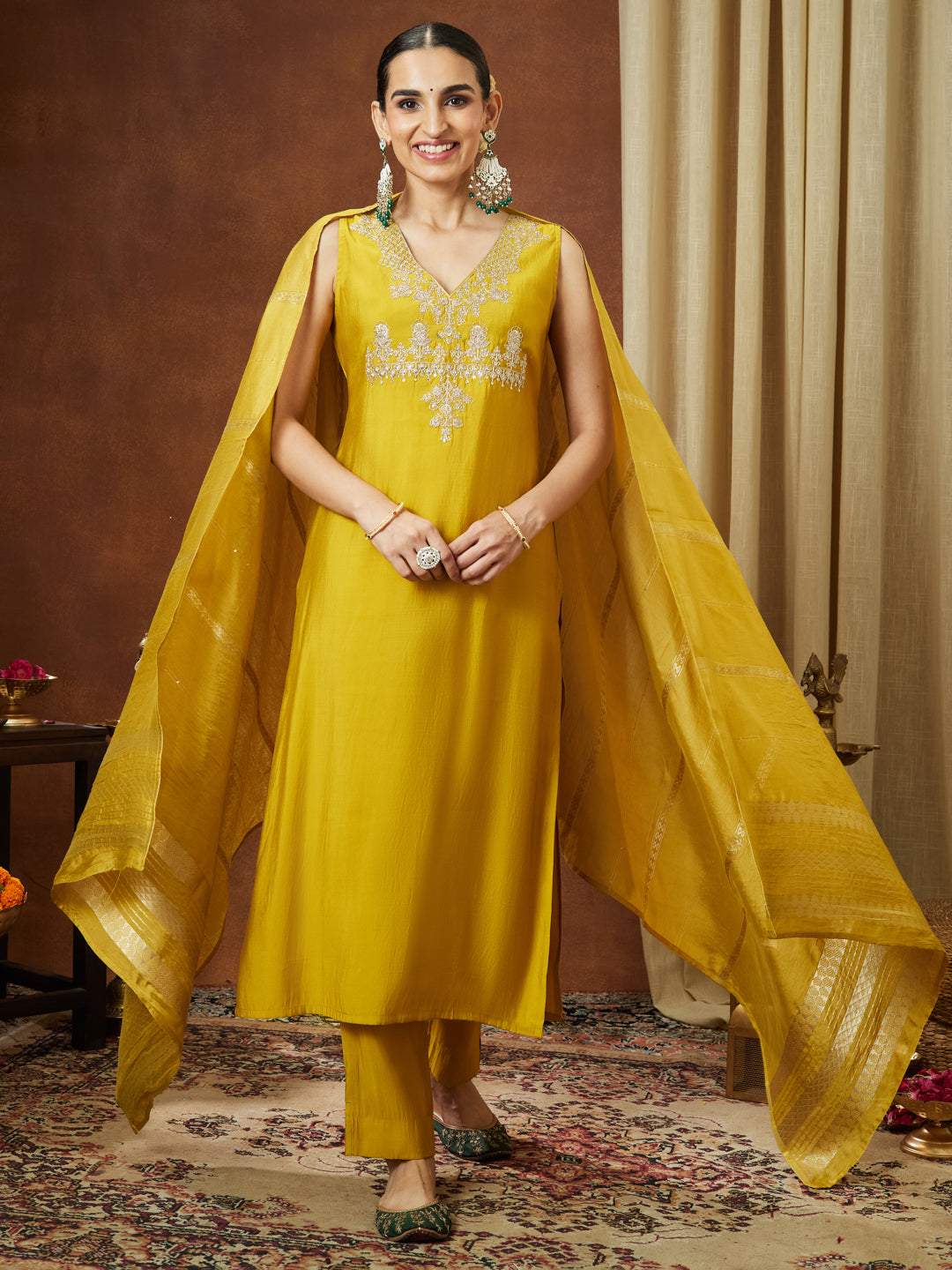 Women's Mustard Chanderi Silk Zari Embroidered Straight Kurta Pant Set