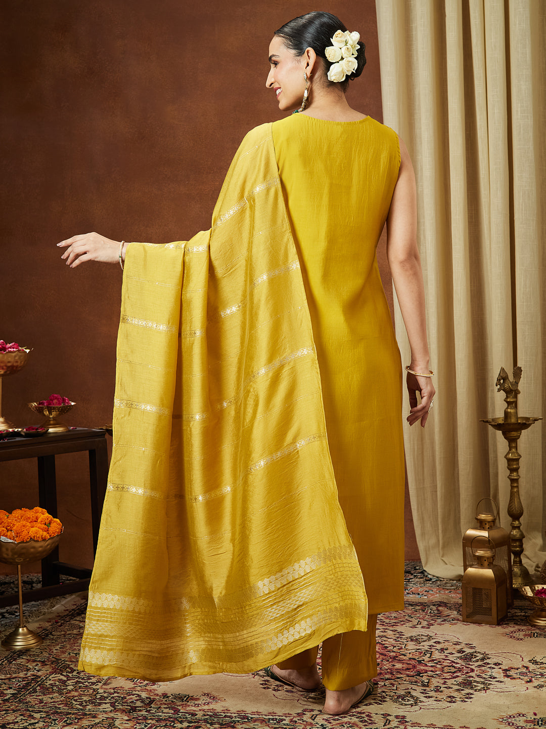 Women's Mustard Chanderi Silk Zari Embroidered Straight Kurta Pant Set
