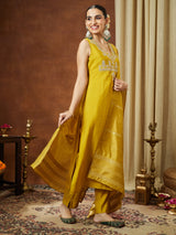 Women's Mustard Chanderi Silk Zari Embroidered Straight Kurta Pant Set