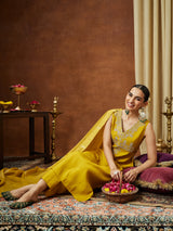 Women's Mustard Chanderi Silk Zari Embroidered Straight Kurta Pant Set