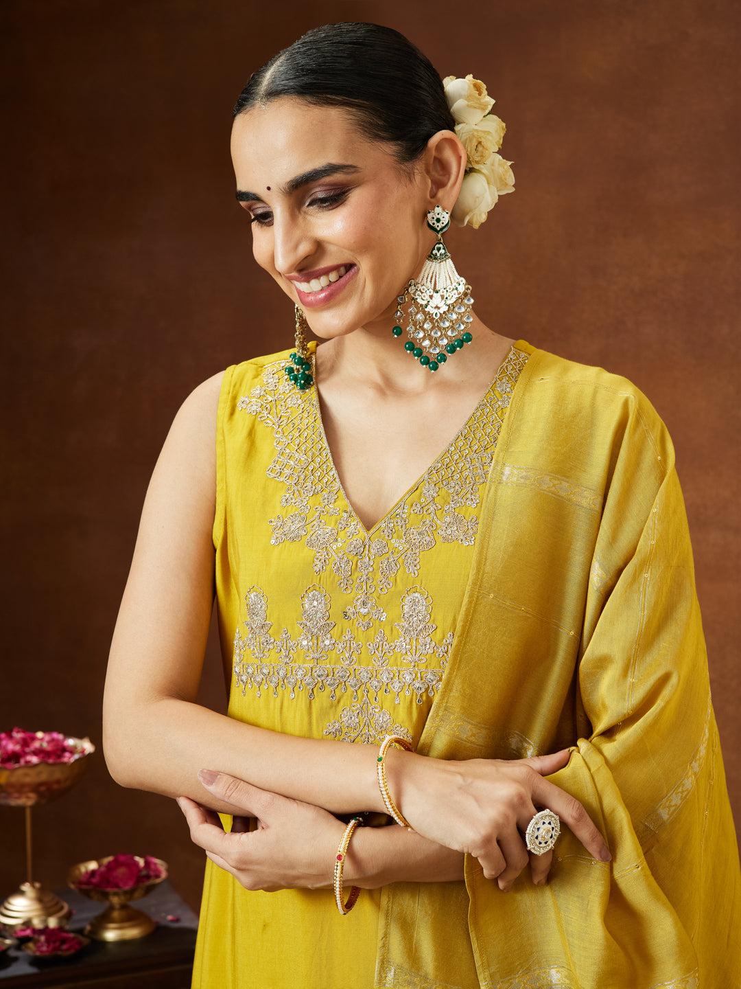 Women's Mustard Chanderi Silk Zari Embroidered Straight Kurta Pant Set