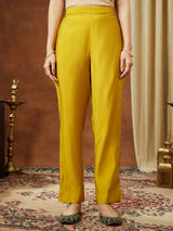 Women's Mustard Chanderi Silk Zari Embroidered Straight Kurta Pant Set