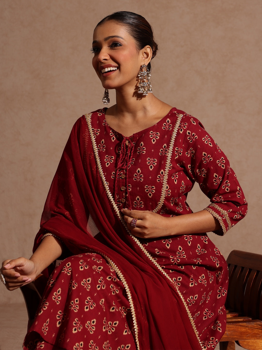 Women's Maroon Pure Cotton Floral Printed A-line Kurta With Palazzo & Dupatta Set