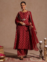 Women's Maroon Pure Cotton Floral Printed A-line Kurta With Palazzo & Dupatta Set