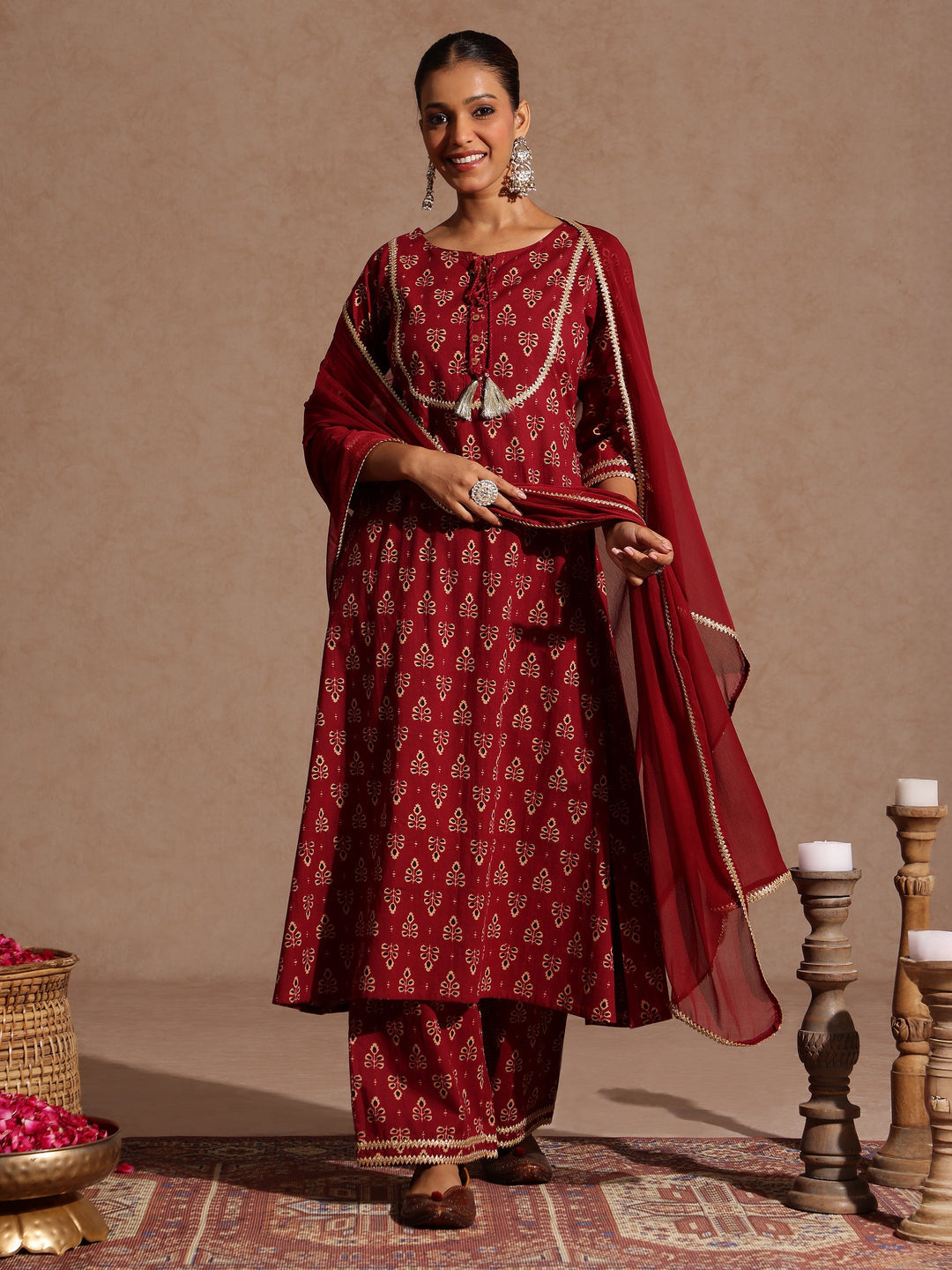 Women's Maroon Pure Cotton Floral Printed A-line Kurta With Palazzo & Dupatta Set