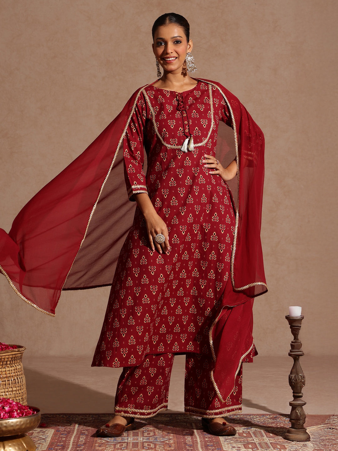 Women's Maroon Pure Cotton Floral Printed A-line Kurta With Palazzo & Dupatta Set