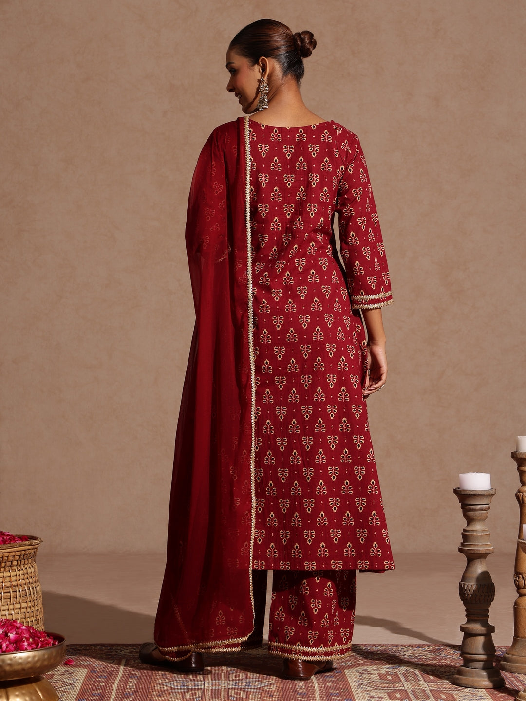 Women's Maroon Pure Cotton Floral Printed A-line Kurta With Palazzo & Dupatta Set