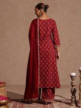 Women's Maroon Pure Cotton Floral Printed A-line Kurta With Palazzo & Dupatta Set