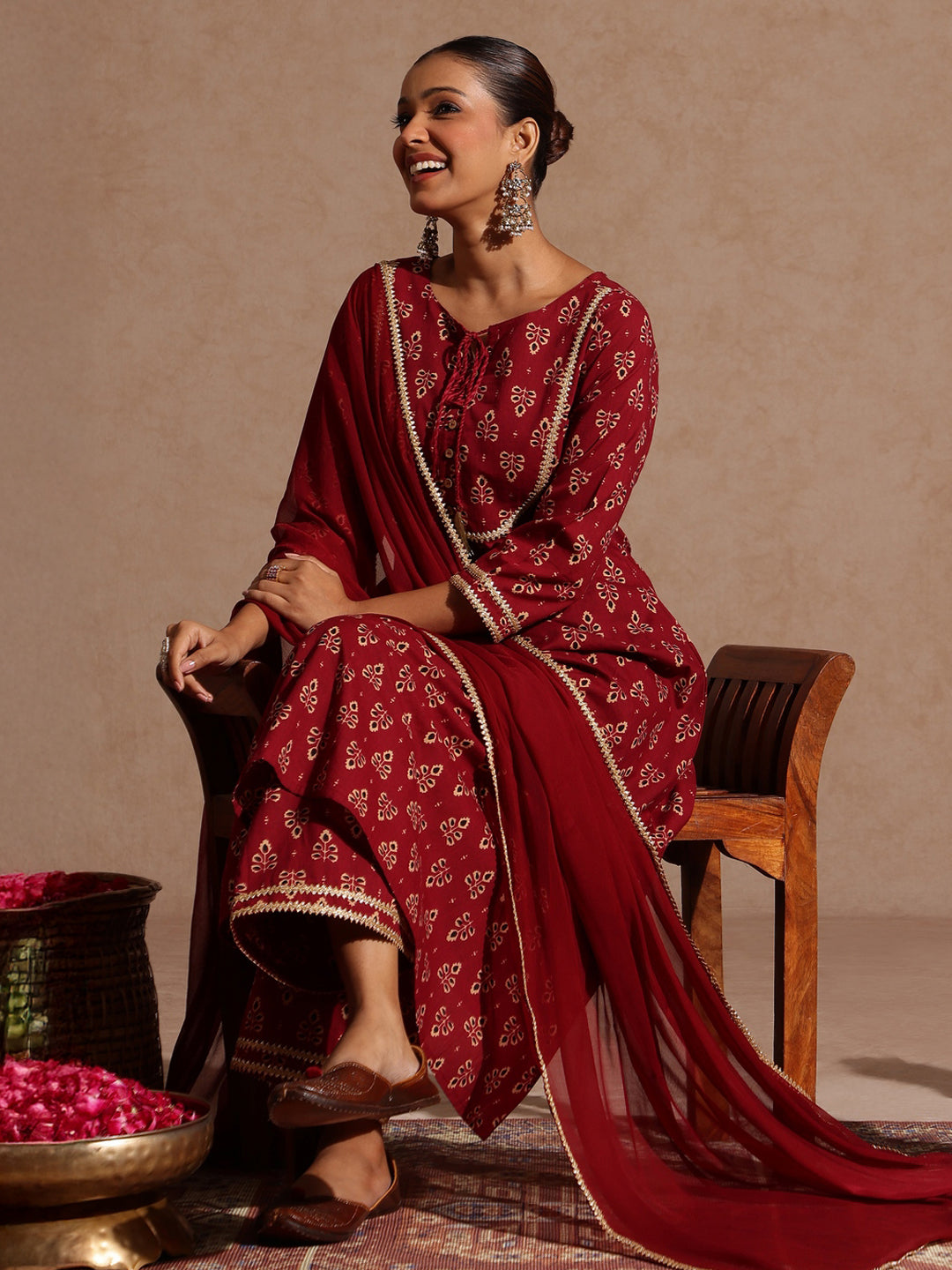 Women's Maroon Pure Cotton Floral Printed A-line Kurta With Palazzo & Dupatta Set