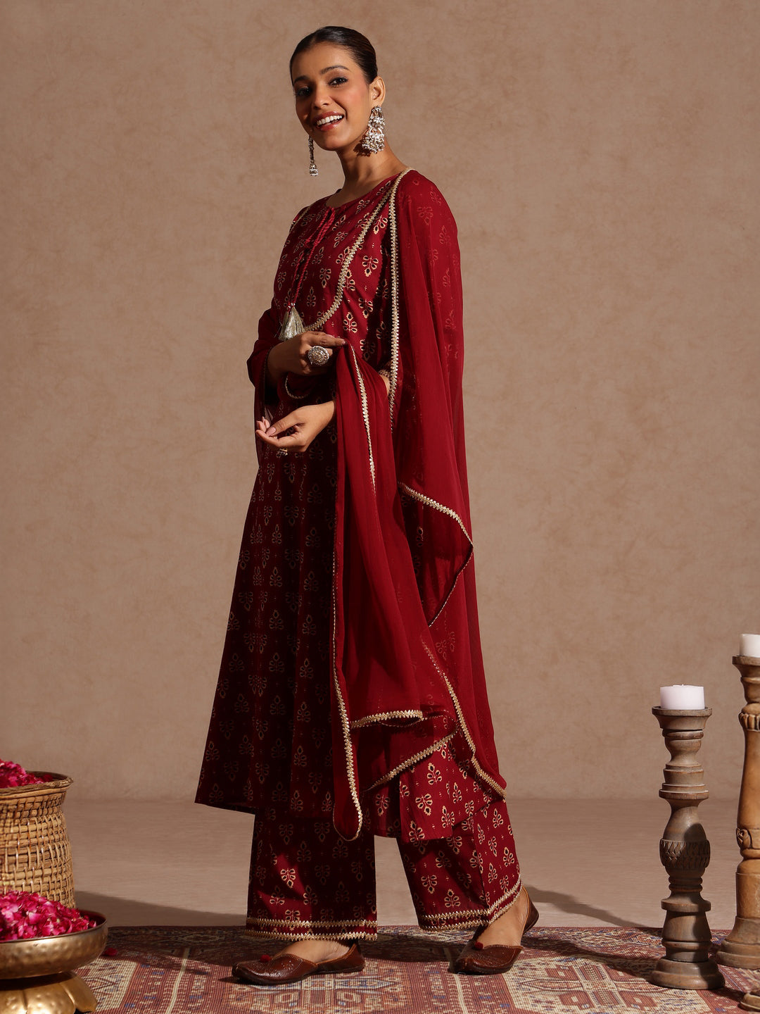 Women's Maroon Pure Cotton Floral Printed A-line Kurta With Palazzo & Dupatta Set
