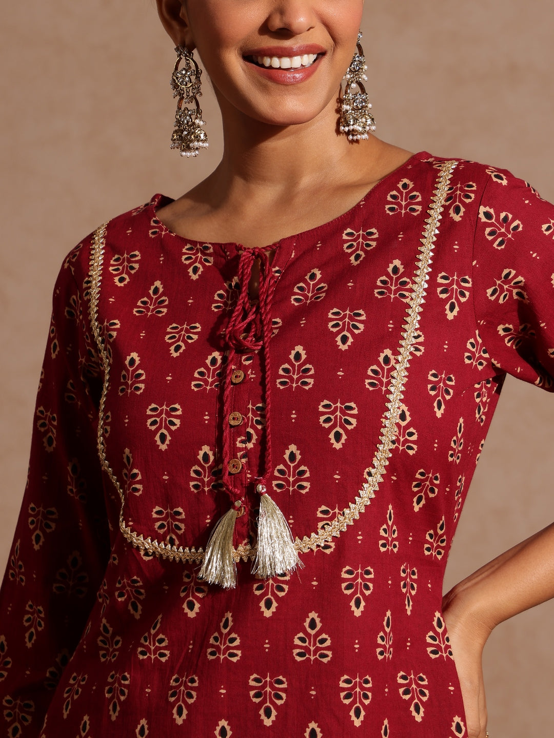 Women's Maroon Pure Cotton Floral Printed A-line Kurta With Palazzo & Dupatta Set