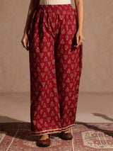 Women's Maroon Pure Cotton Floral Printed A-line Kurta With Palazzo & Dupatta Set