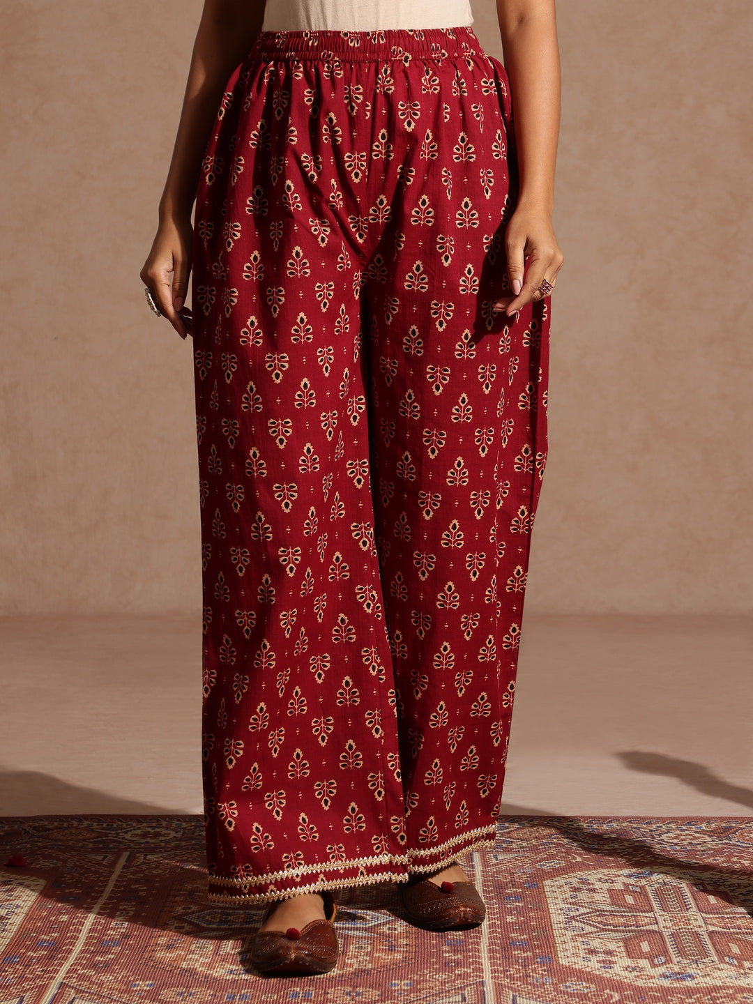 Women's Maroon Pure Cotton Floral Printed A-line Kurta With Palazzo & Dupatta Set