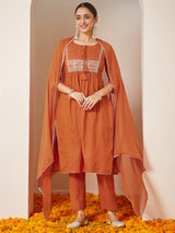 Women's Orange Pure Cotton Embroidered A-line Kurta Set