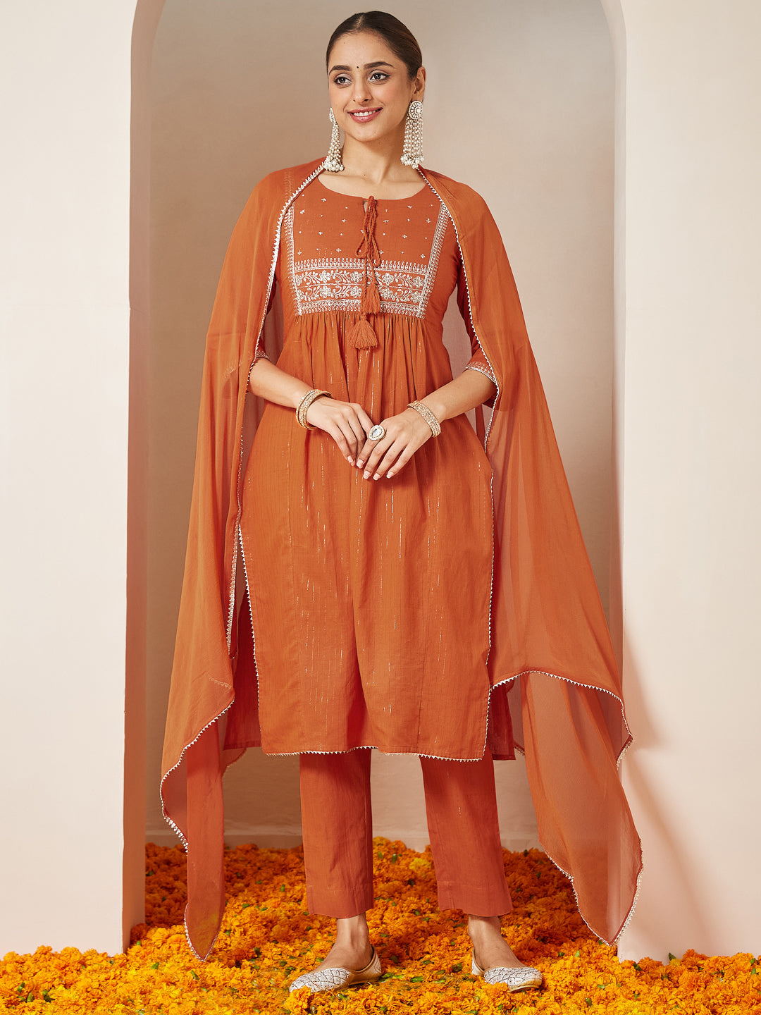 Women's Orange Pure Cotton Embroidered A-line Kurta Set