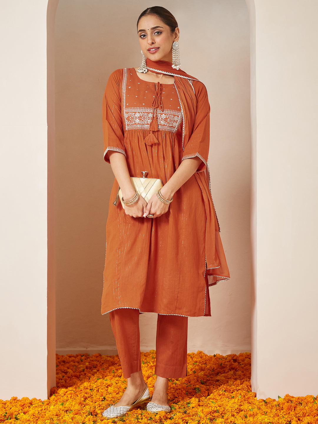 Women's Orange Pure Cotton Embroidered A-line Kurta Set
