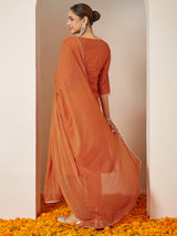 Women's Orange Pure Cotton Embroidered A-line Kurta Set
