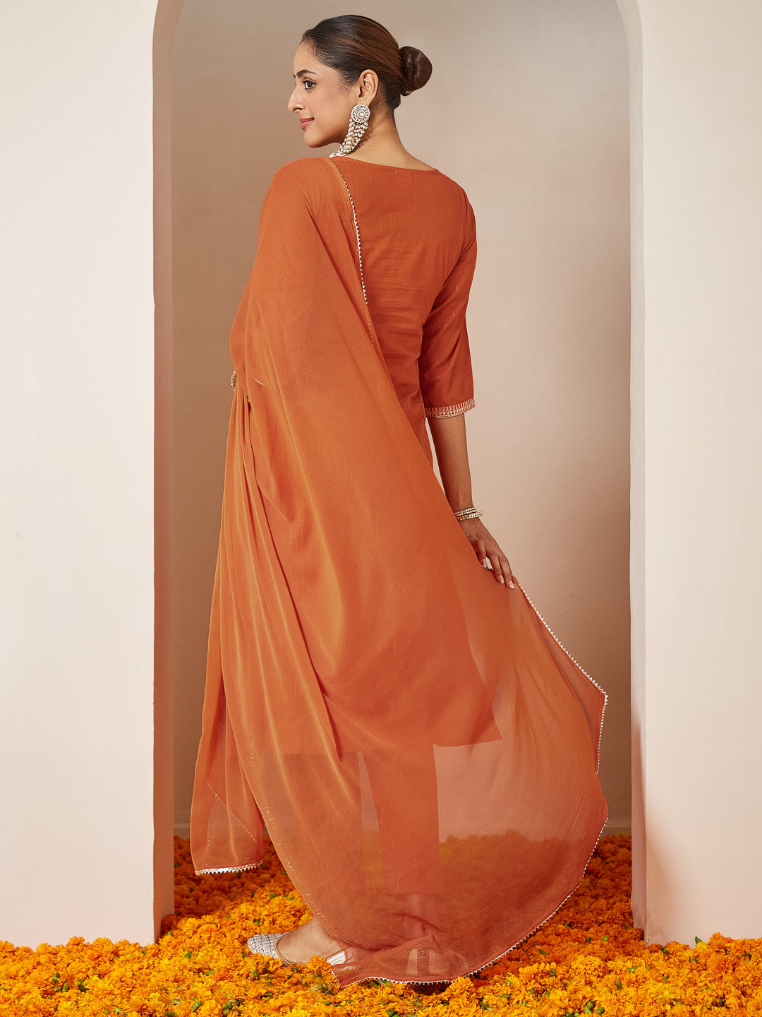 Women's Orange Pure Cotton Embroidered A-line Kurta Set