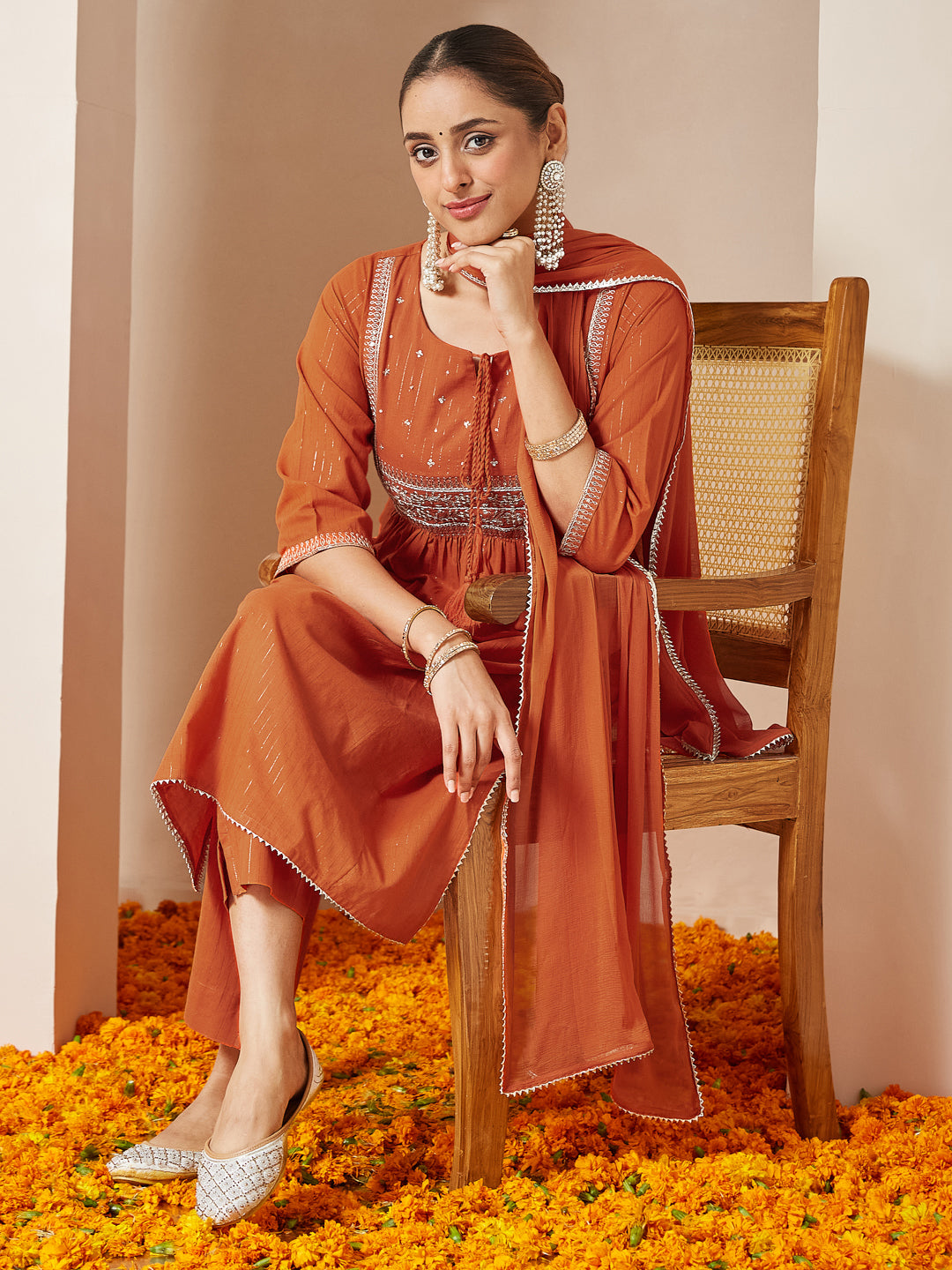 Women's Orange Pure Cotton Embroidered A-line Kurta Set