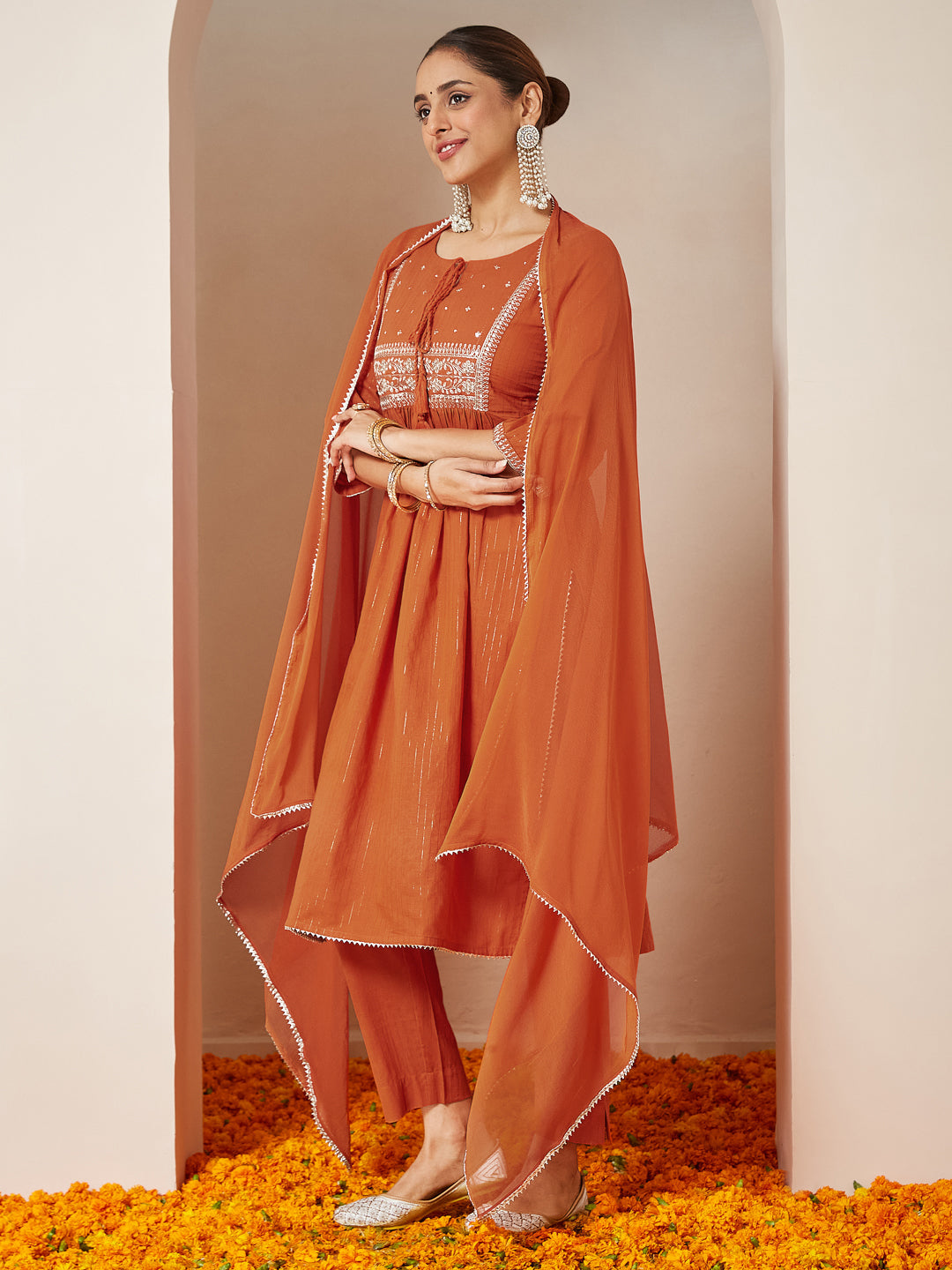 Women's Orange Pure Cotton Embroidered A-line Kurta Set