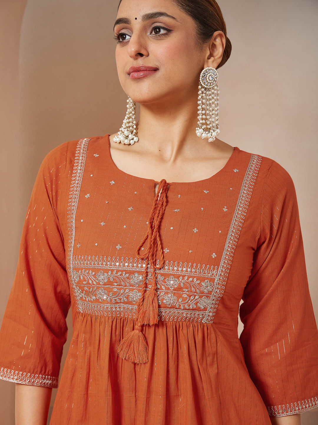 Women's Orange Pure Cotton Embroidered A-line Kurta Set