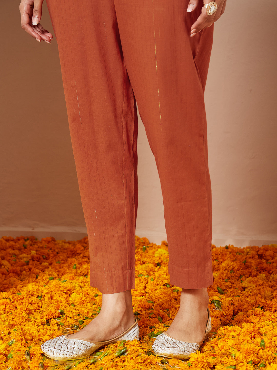 Women's Orange Pure Cotton Embroidered A-line Kurta Set