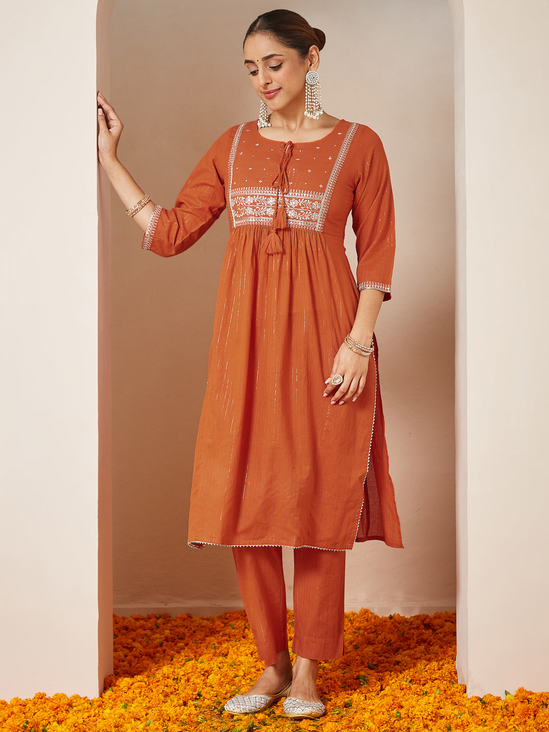 Women's Orange Pure Cotton Embroidered A-line Kurta Set