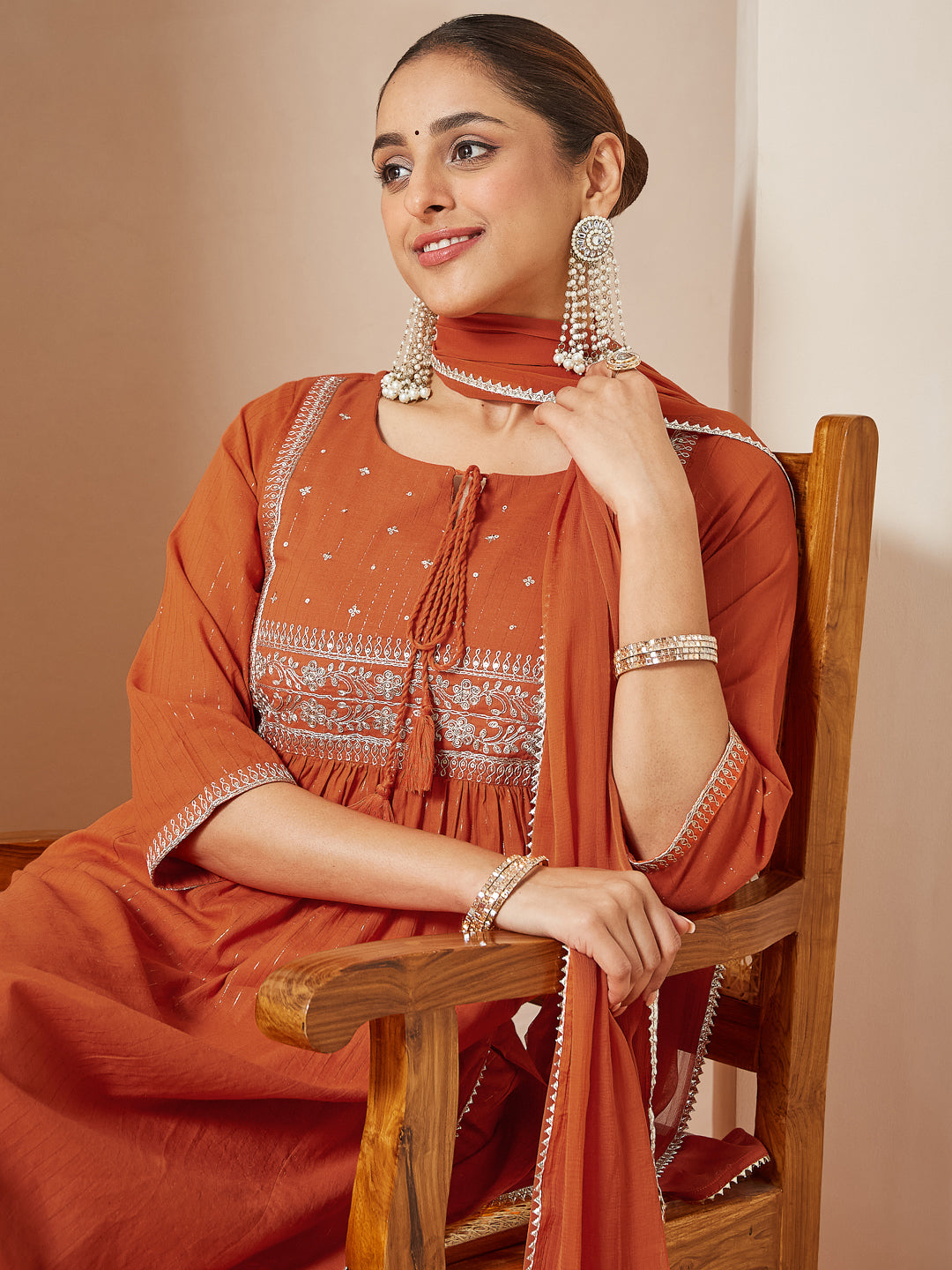 Women's Orange Pure Cotton Embroidered A-line Kurta Set