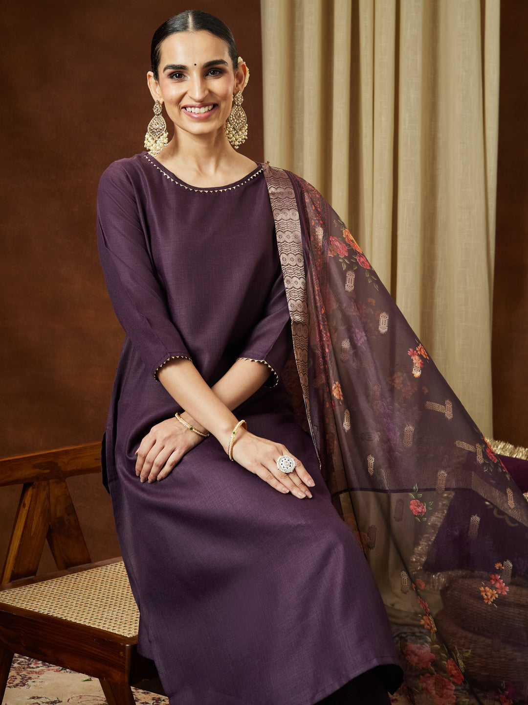 Women's Wine Cotton Blend Solid Straight Kurta Set With Printed Dupatta